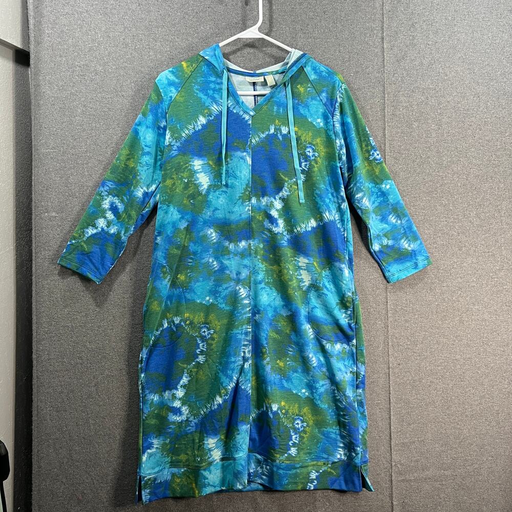 LOGO Lounge by Lori Goldstein Tie-Dye French Terry Hooded Dres Blue, X-Small